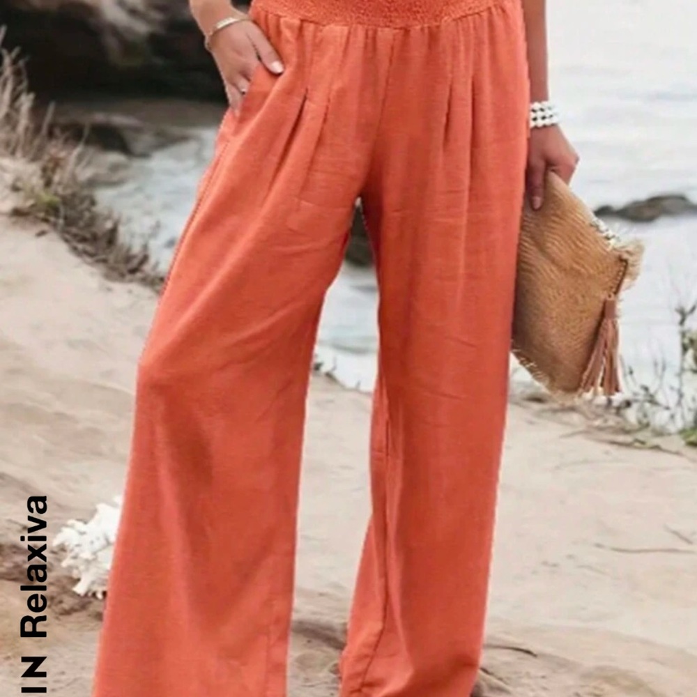 SHEIN Coral Orange boho wide leg, high waist casual vacation pants